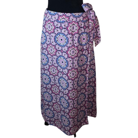 LOFT Dresses & Skirts - LOFT Linen Blend Wrap Midi Skirt Women 8 Boho Geometric Tie Waist Pink Blue